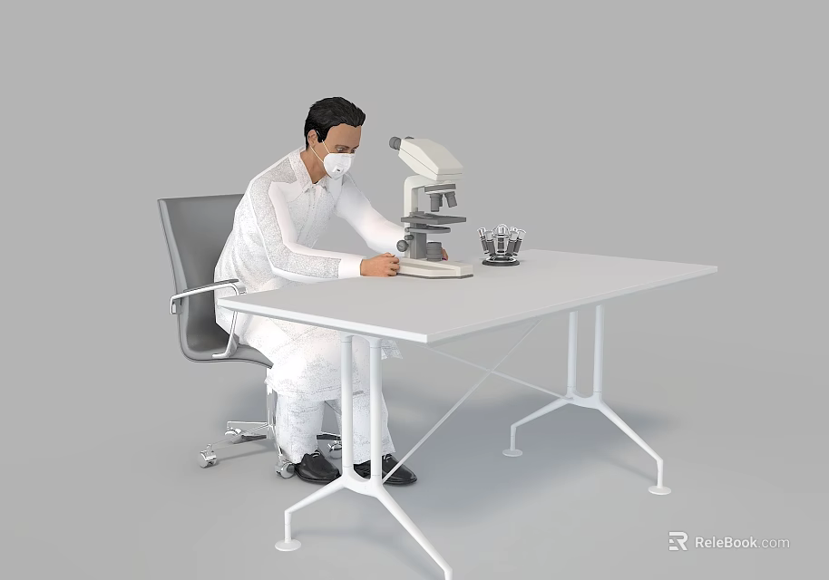 Man In White Lab Coat Using Microscope With Laboratory Equipment On Table 3d model 