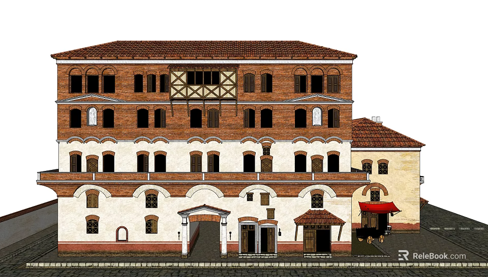 Traditional Red Brick Multi Story Building With Red Tile Roof Arched Windows And Wooden Accents 3d model 