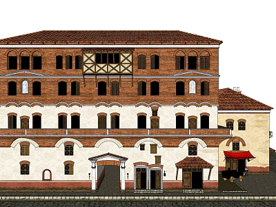 Traditional Red Brick Multi Story Building With Red Tile Roof Arched Windows And Wooden Accents 3d model