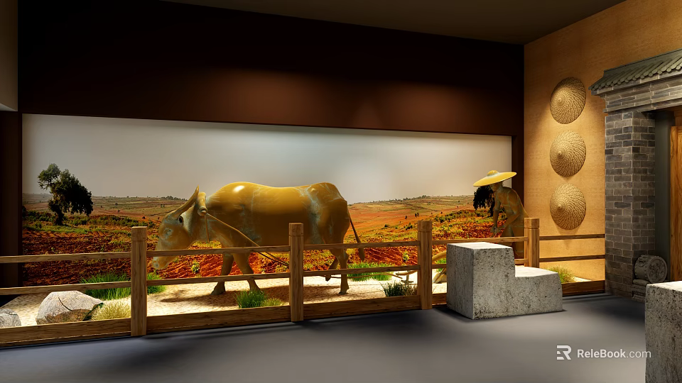 Rural Themed Display With Ox Farmer Conical Hat Wooden Fence Stone Bench Circular Wall Decor 3d model 