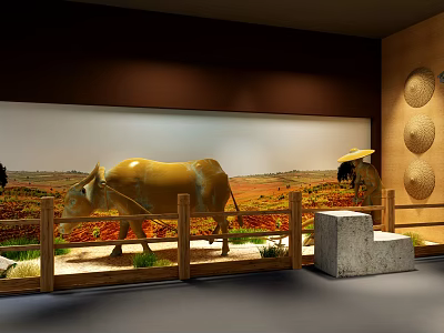 Rural Themed Display With Ox Farmer Conical Hat Wooden Fence Stone Bench Circular Wall Decor 3d model