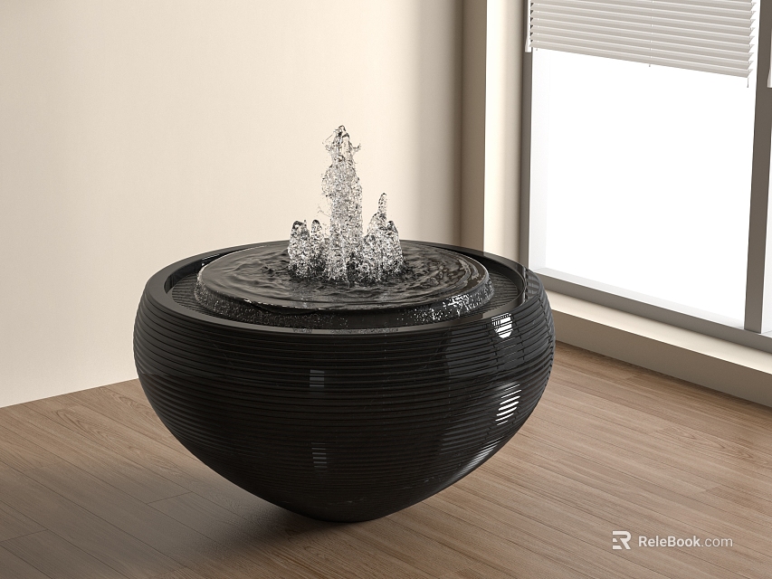 Black Circular Bowl Water Fountain with Flowing Water and Decorative Elements on Wooden Floor 3d model 