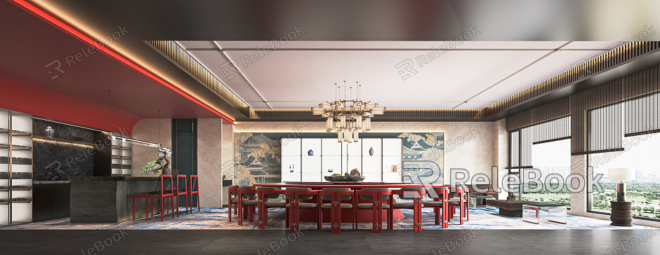 New Chinese-style private room hotel catering large box catering private room tea table and chair box art chandelier round table and chair model