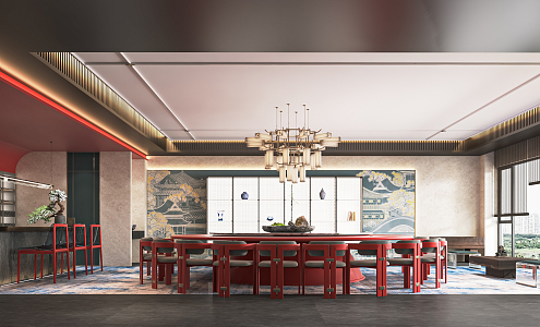 New Chinese-style private room hotel catering large box catering private room tea table and chair box art chandelier round table and chair 3d model