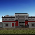 Traditional Chinese Style Entrance Gate With Red And White Building And Green Lawn