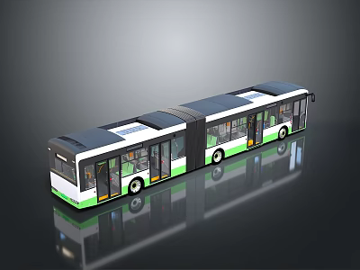 Double Articulated Bus With White Green Exterior Dark Roof And Multiple Windows For Urban Transport 3d model