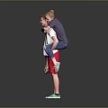 Man Carrying Woman on Back Wearing White T-shirt Red Shorts and Green Shoes