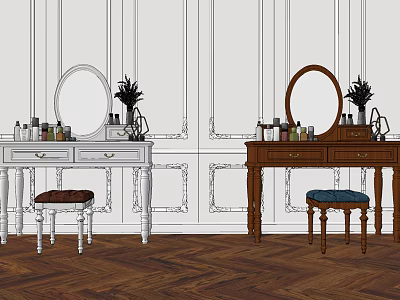 Elegant White Brown Dressing Tables With Round Mirrors Stools Cosmetics Bottles Potted Plants 3d model