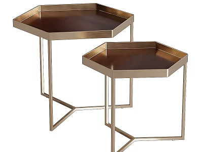 Two Hexagonal Side Tables With Dark Wood Top And Modern Metal Frame 3d model