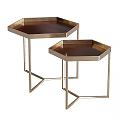 Two Hexagonal Side Tables With Dark Wood Top And Modern Metal Frame