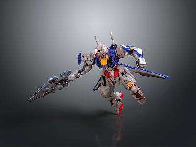 Detailed Blue White Red Robot Model Figure In Dynamic Action Pose With Weapon 3d model