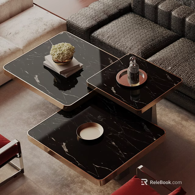 Modern Sofa And Coffee Table Set With Black Marble Top Gold Frame And Decorative Items 3d model 