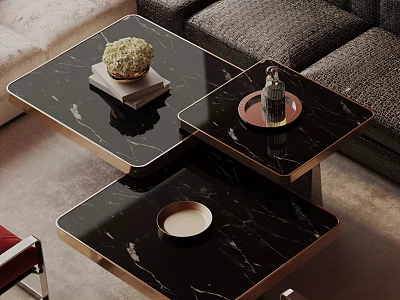 Modern Sofa And Coffee Table Set With Black Marble Top Gold Frame And Decorative Items 3d model