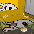 Yellow White Square Rug with Cow Pattern in Yellow Wall with Cartoon Decor Flowers Plants