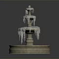 Three Tiered Decorative Fountain With Snow Covered Icicles Round Base And Blue Green Water