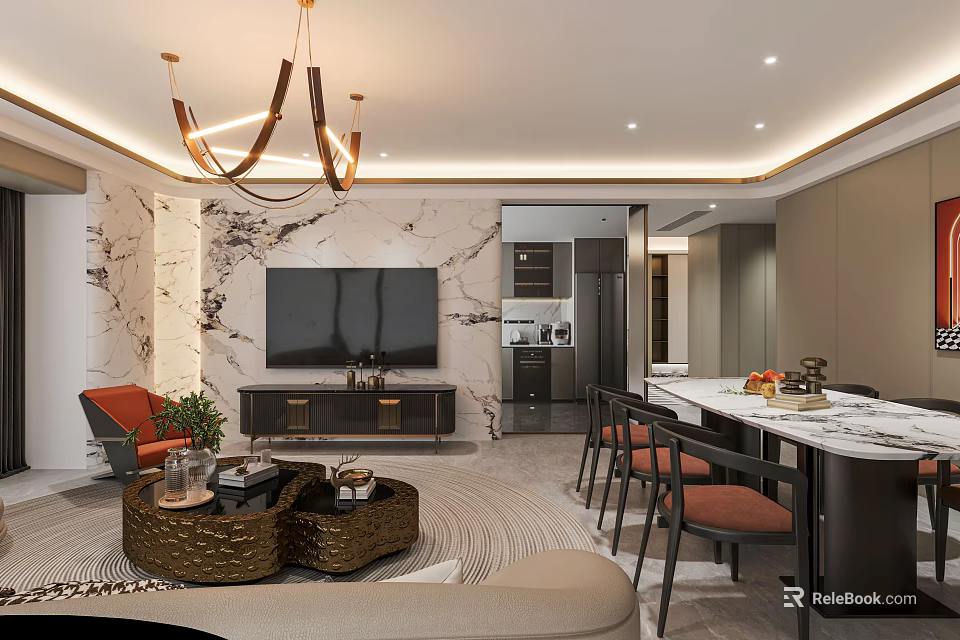 Modern Living Dining Room Interior With Chandelier Marble Wall Dining Table And Sofa 3d model 