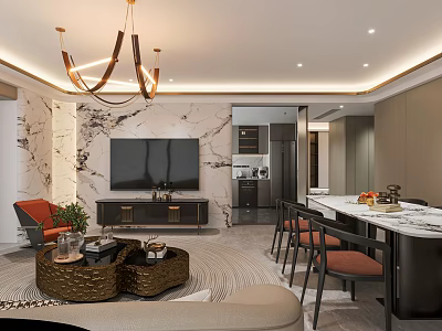 Modern Living Dining Room Interior With Chandelier Marble Wall Dining Table And Sofa 3d model