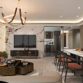 Modern Living Dining Room Interior With Chandelier Marble Wall Dining Table And Sofa