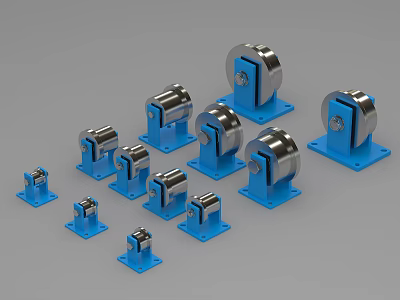 Industrial Equipment Metal Roller Components with Various Sizes and Blue Bases Neatly Arranged 3d model
