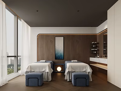 Modern Spa Room With Massage Beds Blue Stools And Large Windows 3d model