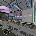 Modern Restaurant Interior With Long Wooden Tables Chairs Hanging Lights Wooden Ceiling And Wall Decor