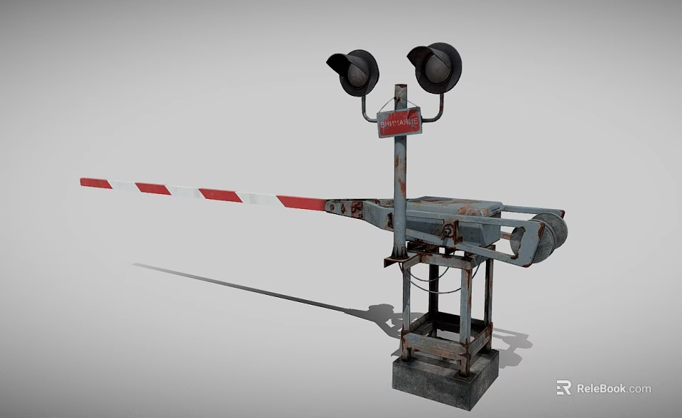 Railroad Crossing Barrier With Red And White Stripes Black Signal Lights And Metal Base 3d model 