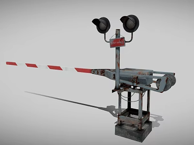 Railroad Crossing Barrier With Red And White Stripes Black Signal Lights And Metal Base 3d model