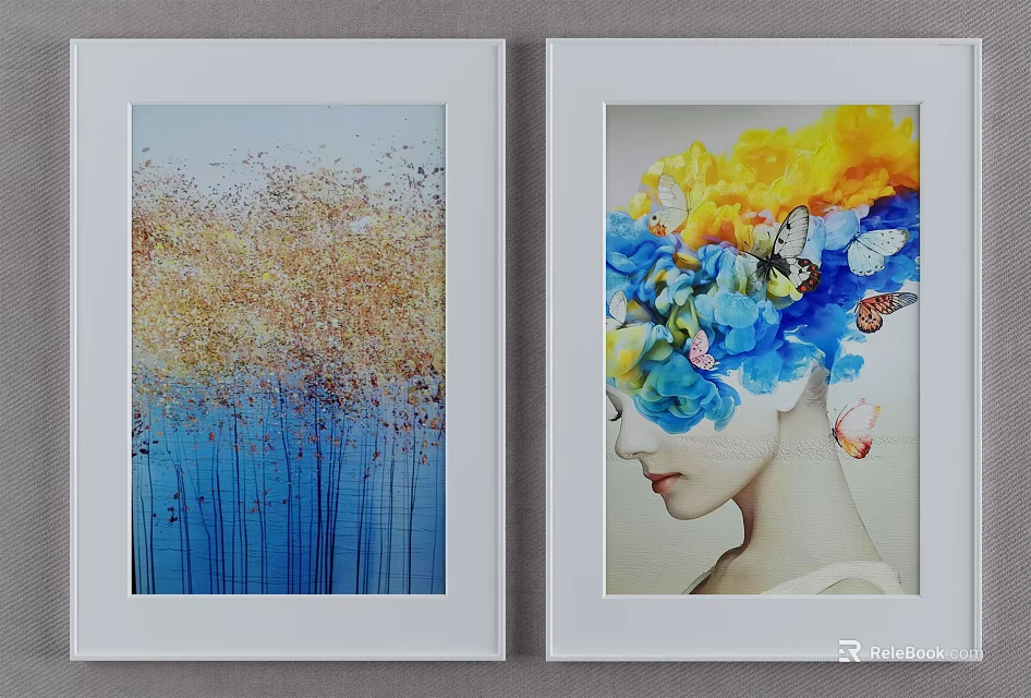 Two Framed Wall Artworks With Golden Plants And Floral Woman Face Featuring Butterflies 3d model 