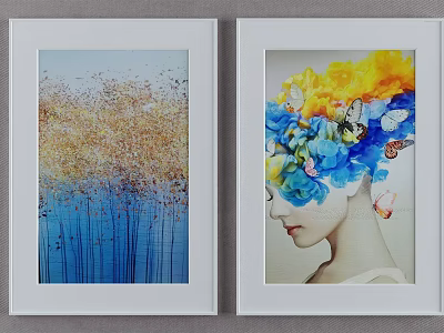 Two Framed Wall Artworks With Golden Plants And Floral Woman Face Featuring Butterflies 3d model