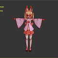 Anime Style 3D Character Girl With Fox Ears In Pink Kimono Top And Red Skirt