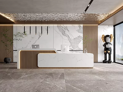Modern Reception Desk Interior Design With Marble Wall Wooden Accents Pendant Lights And Sculpture 3d model