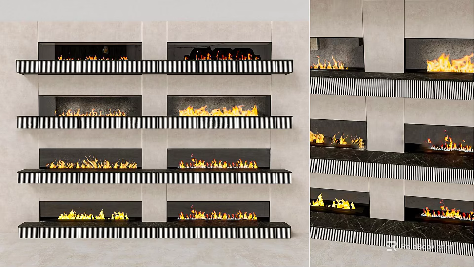 Modern Stacked Fireplace Interior Design With Multiple Burning Flames And Concrete Structure 3d model