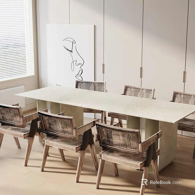 Dining Table Set with Woven Rattan Chairs and Light Colored Tabletop in Modern Interior 3d model