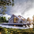 Modern Detached Villa Featuring Unique Geometric Architecture Swimming Pool and Green Garden
