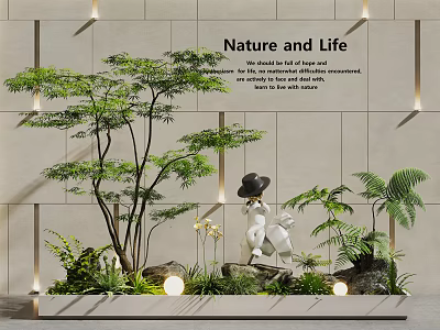 Contemporary Indoor Landscape With Green Plants White Sculpture Modern Wall Natural Elements And Lighting 3d model