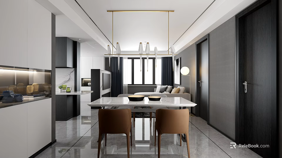 Modern Dining Room Interior With Dining Table Chairs Pendant Lights And Windows 3d model