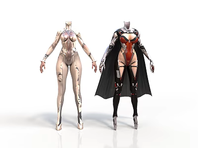 Futuristic Female Characters With Cybernetic Biomechanical Armor And Black Cloak Design 3d model