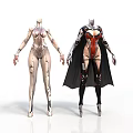 Futuristic Female Characters With Cybernetic Biomechanical Armor And Black Cloak Design