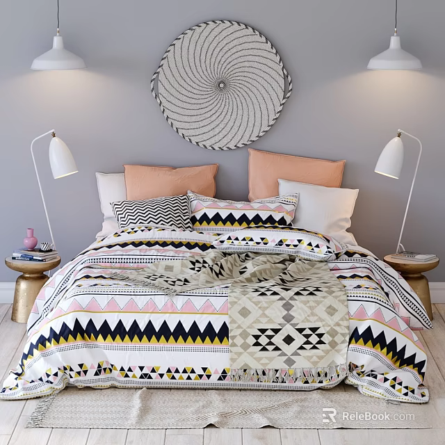 Double Bed With Colorful Geometric Pattern Bedding Two Bedside Lamps And Round Wall Decor 3d model