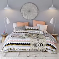 Double Bed With Colorful Geometric Pattern Bedding Two Bedside Lamps And Round Wall Decor 3d model