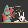 White Dog On Yellow Mat With Red Collar Green Fan Red Pot And Colorful Ribbons