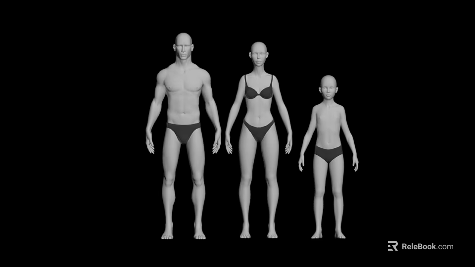 Three Models Including Adult Male Female and Child in Swimwear on Black Background 3d model 
