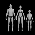 Three Models Including Adult Male Female and Child in Swimwear on Black Background