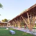 Modern Bamboo Pergola With Intricate Wooden Structure Over Pool In Urban Setting