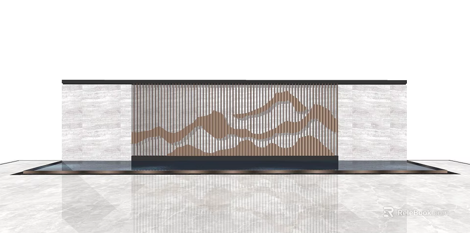 Modern Feature Wall Design With Wooden Slats And Mountain Pattern On Marble Background 3d model