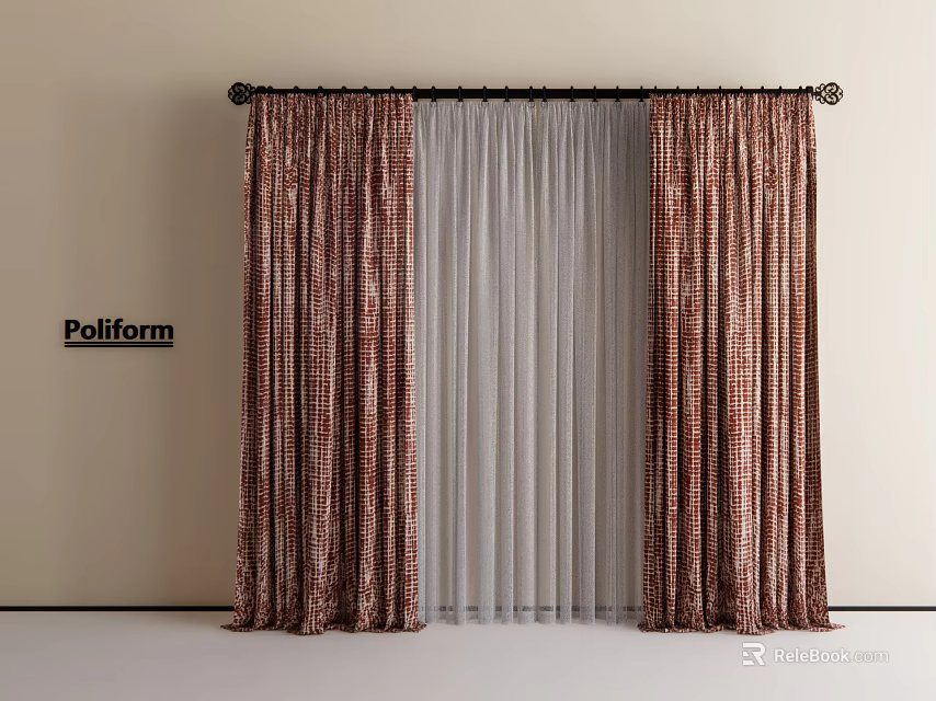 Brown Checkered Curtains With White Sheer Curtain On Black Rod Against Light Wall By Poliform 3d model 