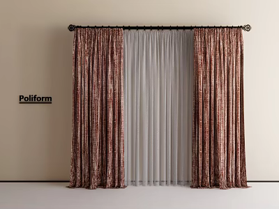 Brown Checkered Curtains With White Sheer Curtain On Black Rod Against Light Wall By Poliform 3d model