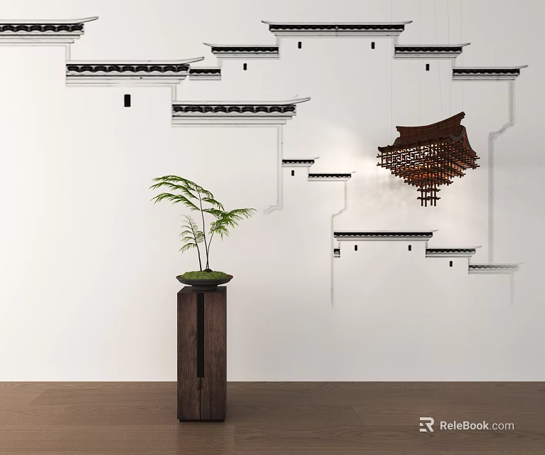 Chinese Style Decorative Ornament Set with Bamboo Plant Wooden Hanging Structure on White Wall 3d model 