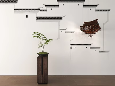 Chinese Style Decorative Ornament Set with Bamboo Plant Wooden Hanging Structure on White Wall 3d model
