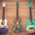 Colorful Hand Painted Ukuleles With Artistic Landscape Patterns And Musical Designs